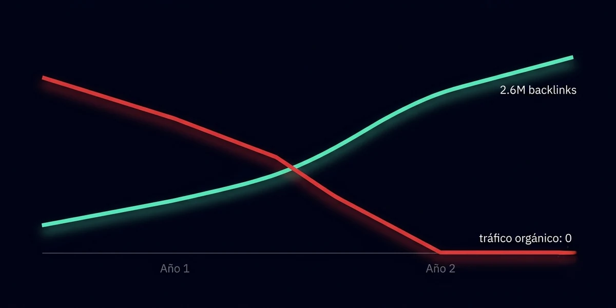 Gráfico de un sitio con 2.6 millones de backlinks y tráfico orgánico cayendo a cero en dos años